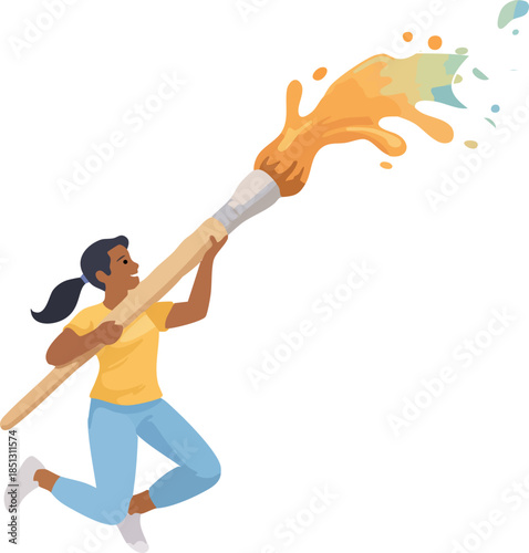 A vibrant illustration shows a person leaping through the air while wielding an oversized paintbrush that splashes flowing paint, symbolizing freedom, creativity, and artistic expre