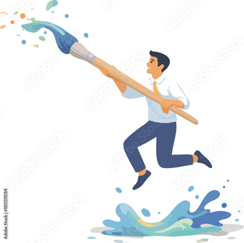 A dynamic illustration shows a person jumping while swinging an oversized paintbrush that splashes flowing paint, symbolizing creativity, innovation, and artistic expression.