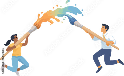 A lively illustration shows two people leaping toward each other while swinging oversized paintbrushes, creating a colorful splash that symbolizes creative collaboration and shared imagination.