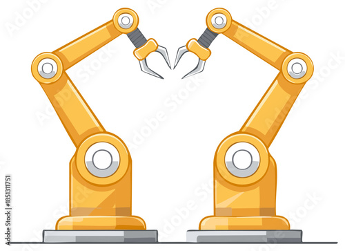 Two yellow robotic arms with metallic claws facing each other in a heart shape.