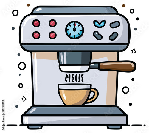 Cartoon-style espresso machine brewing coffee into a mug, isolated
