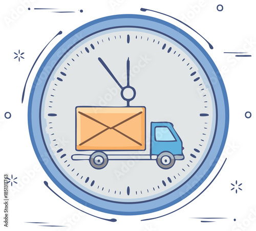 Express delivery truck with package inside a clock, symbolizing on-time shipping and logistics