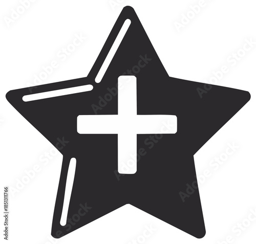 Black Star Shape with Plus Sign Symbol, Icon Representing Adding to Favorites or Positive Review