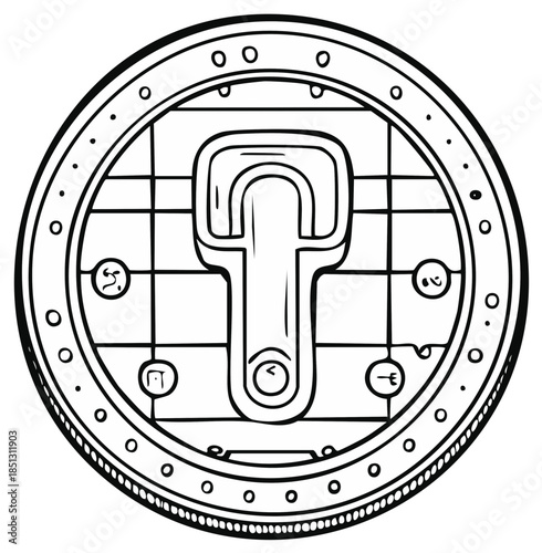 Circular stylized illustration of an antique artifact or design element