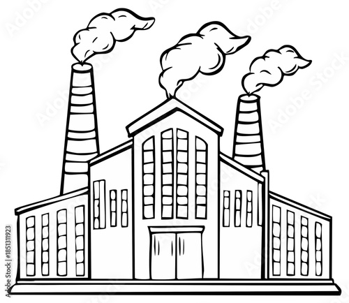 Hand-drawn industrial factory: billowing smoke stacks against bright sky, promoting industry's visual representation.