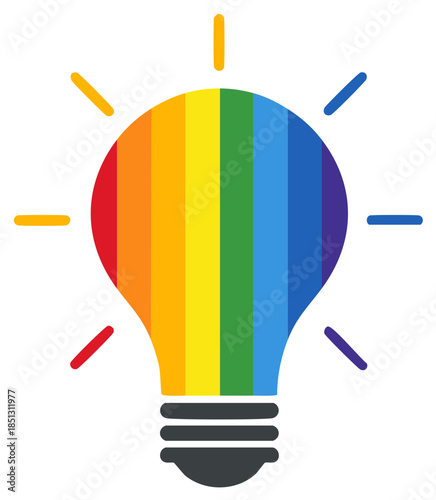 Rainbow striped light bulb idea shines bright, representing inclusivity, diversity and illumination.