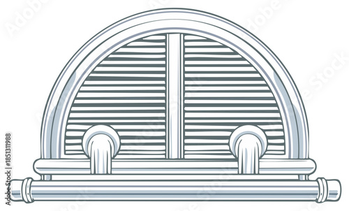 Monochromatic illustration of an arched louvered window with decorative piping details
