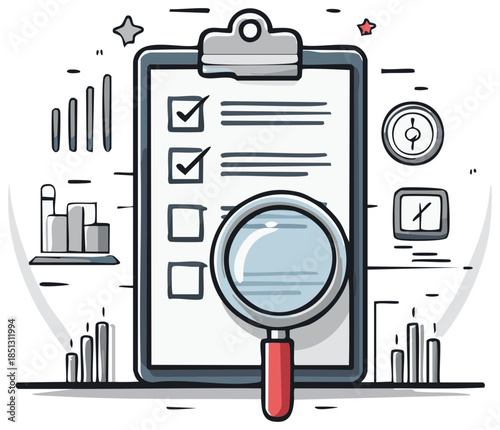 Business Data Analysis Audit Clipboard with Magnifying Glass Icon