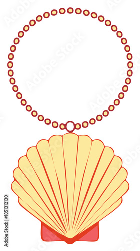 Vector illustration of a yellow scallop seashell with a circular pearl necklace