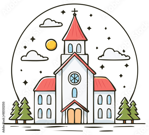 Charming illustration of a white church with a red roof surrounded by trees and a starry sky.