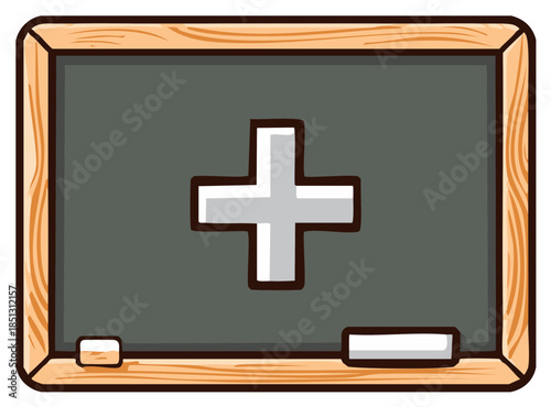 Cartoon chalkboard with a large plus sign for mathematics and education