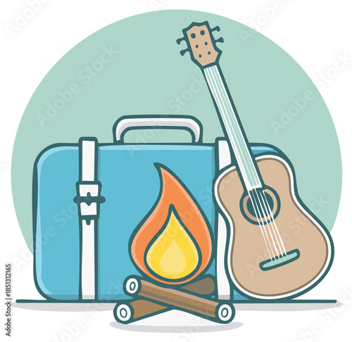 Vacation graphic with suitcase, guitar, bonfire, holiday travel, music illustration