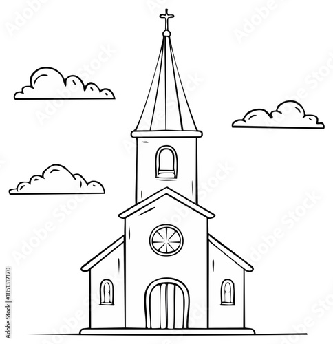 Cartoon illustration of a church facade with a cross on top and clouds in the background