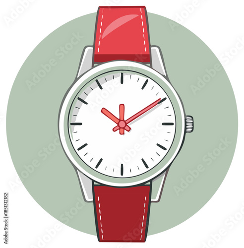 Classic Wristwatch with Red Leather Strap Minimalist Design Isolated on Green Circle Background