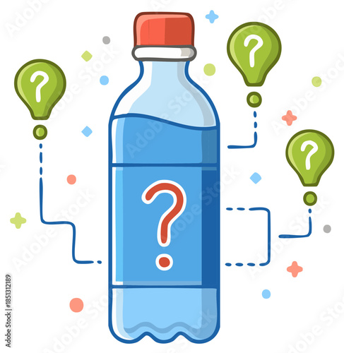 Bottle of Water with Question Marks Design, Unanswered Problems around Hydration Concept