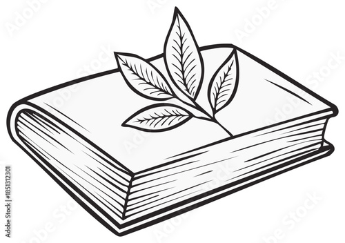 Classic hardcover book with a leafy branch bookmark black and white line art illustration
