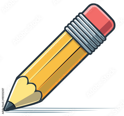 Cartoon pencil illustration with eraser and shadow, stationery element.