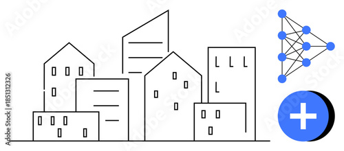 Smart city concept. Smart city with interconnected buildings highlighting digital networks and technology integration. Smart city optimizing urban development and connectivity. IoT systems