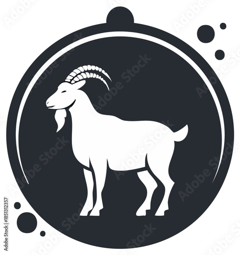 Stylized White Goat Silhouette Inside a Dark Circle with Bubbles