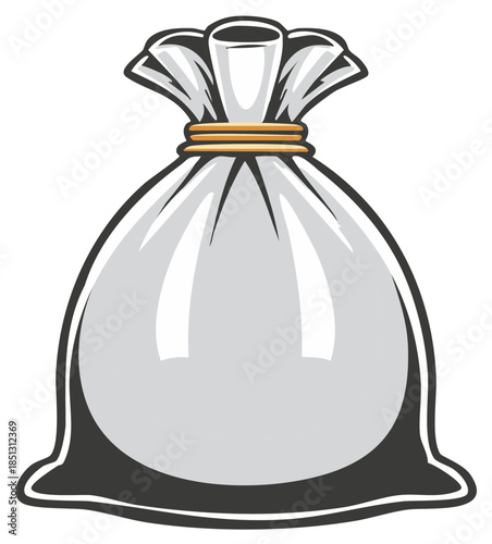 Classic cartoon style money bag tied shut with golden cord representing wealth savings and financial success