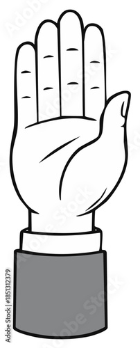 Cartoon hand raised up with open palm and extended fingers in stop or greeting gesture