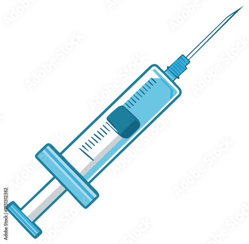 Vector illustration of a medical syringe with a needle and blue liquid for vaccination and healthcare
