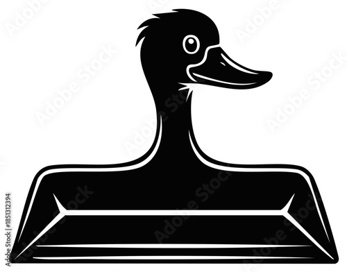 Stylized black duck head and long neck with cartoon eye emerging from a geometric flat base concept