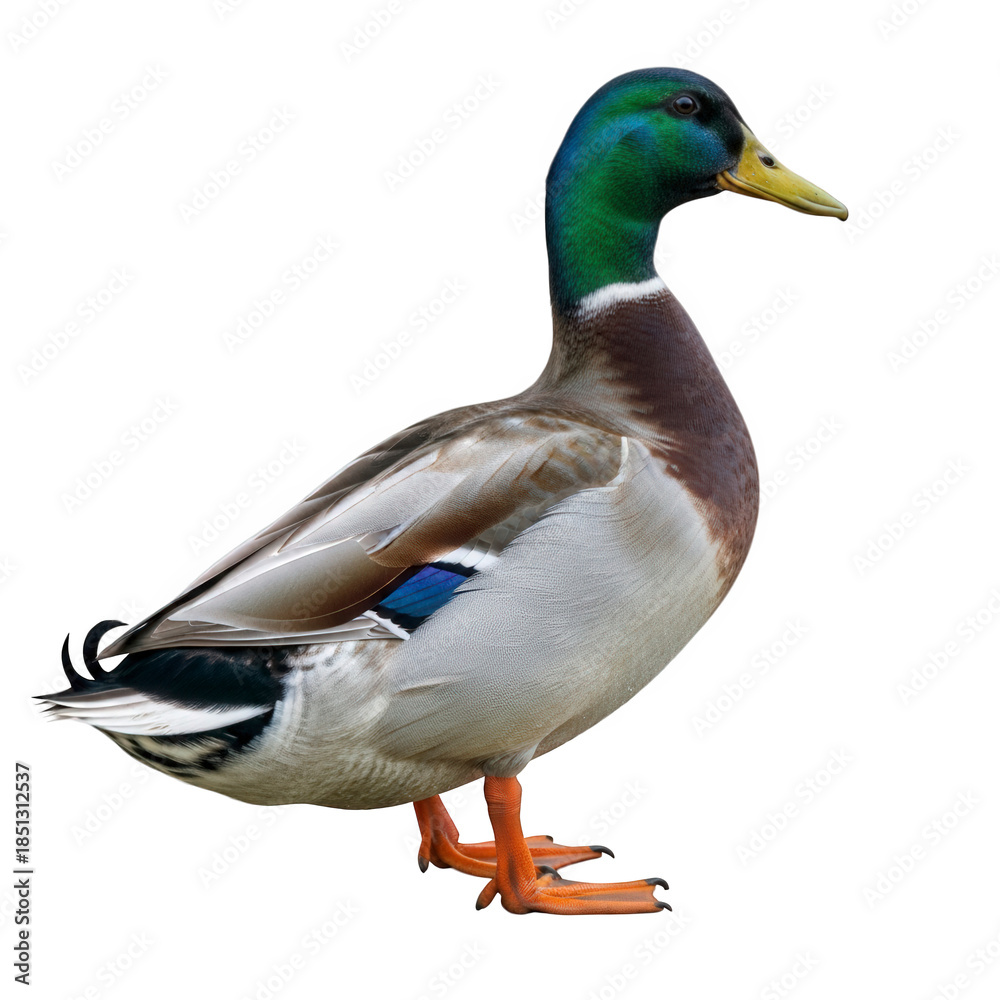 Obraz premium Male Mallard Duck in Profile with Vibrant Green Head and Orange Feet on White Background for Wildlife Photography