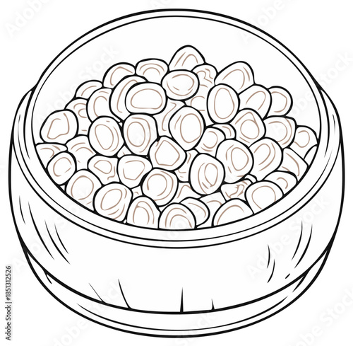 Line art illustration of a bowl with traditional Russian pelmeni dumplings