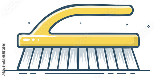Yellow scrubbing brush with handle vector icon for household cleaning concept