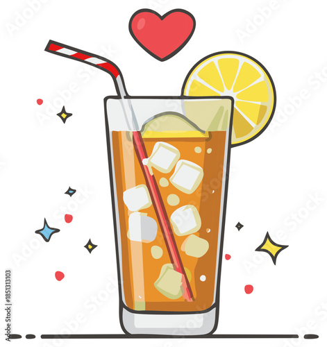 Refreshing iced tea drink illustration with lemon slice and straw, summertime beverage design for cafe or restaurant menu, garnished drink