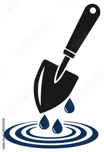 Gardening trowel with dripping water drops creating ripples on surface