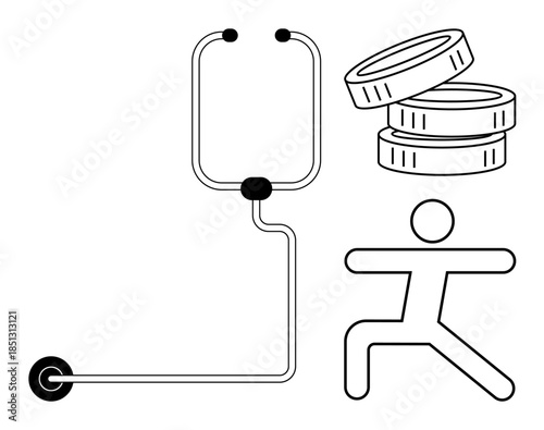 Healthcare cost analysis, medical services, blood donation, wellness, fitness, donor support. A ion of an IV bag, stacked coins and a person in motion. Blood donation and healthcare cost concept