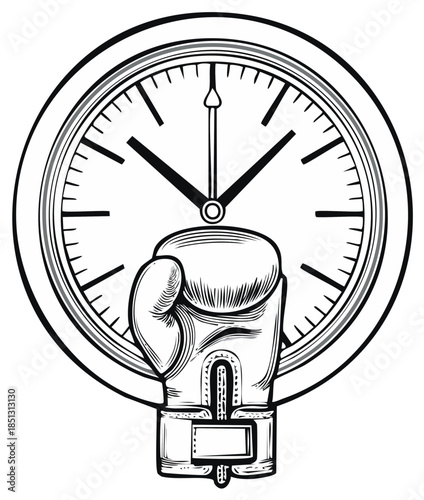 Boxing glove in front of a clock face symbolizing time for a fight or competition