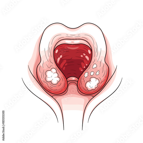 Inflamed tonsils illustration showing red swollen tissue and lesions  