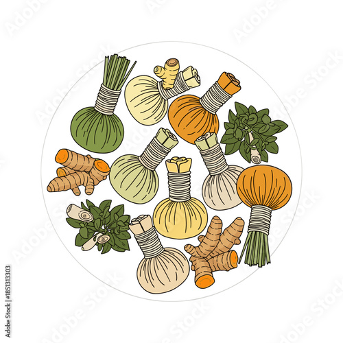 Herbal compress balls made of various herbs and spices on white background  