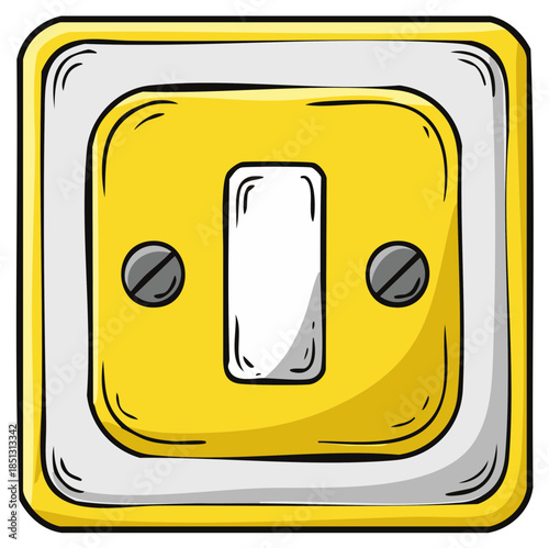 Bright yellow light switch with white rocker and screws, hand-drawn illustration