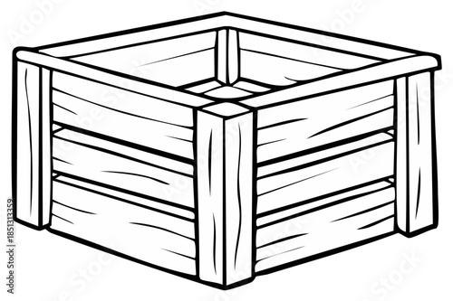 Simple Wooden Crate with Slatted Sides and Square Frame Hand Drawn Illustration