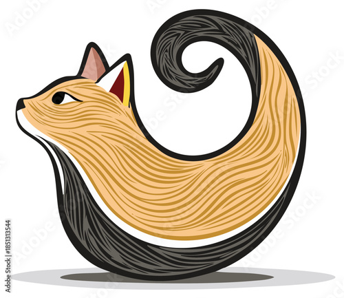Stylized Fox-Like Creature Curled in a Circular Shape Vector Illustration with Artistic Texture