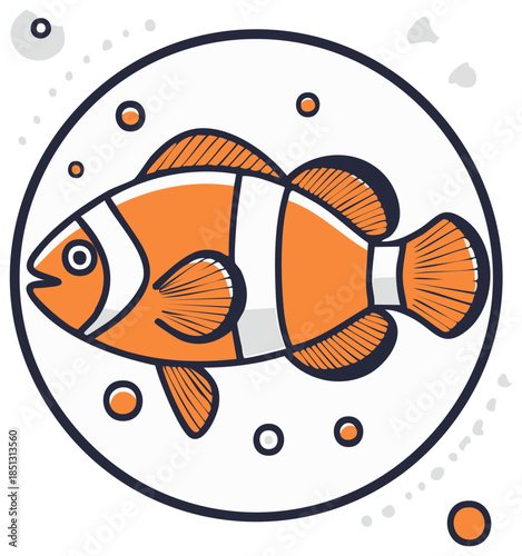 Colorful clownfish illustration in a circle shape, with details like bubbles and fin textures.
