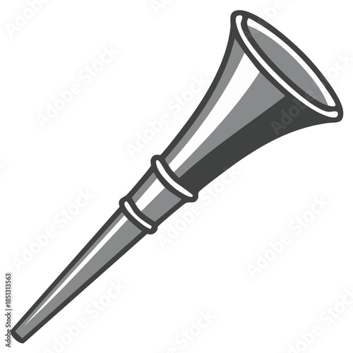 Illustration of a stylized vuvuzela horn in grey tones with a simple graphic design