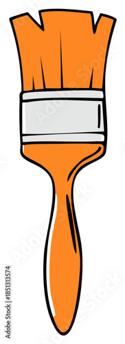 Simple painting paintbrush icon with orange handle, paint bristles and metal band, artistic decoration and renovation tool