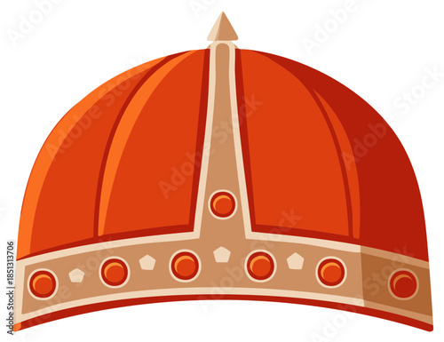 Ornate red domed hat illustration. Ceremonial traditional headwear design with decorative gold elements. Historical architectural style.