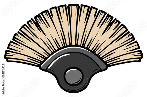 Fan shaped brush with beige bristles and dark grey handle for cleaning or decoration