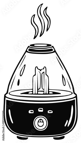 Black and white line art illustration of a modern essential oil diffuser emitting soothing steam for aromatherapy and humidification.