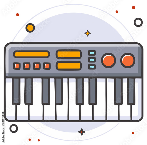 Electronic musical keyboard instrument with keys and controls in a playful flat design illustration style