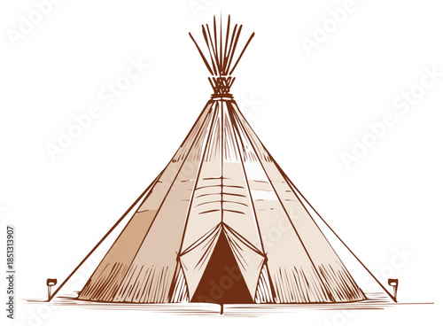 Hand Drawn Teepee Illustration Tribal Shelter Tent Campsite Native Culture