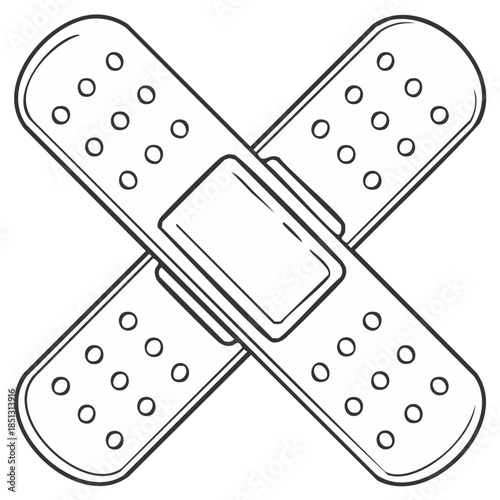 Crossed adhesive bandages vector illustration. Black and white line art icon for first aid and medical care.