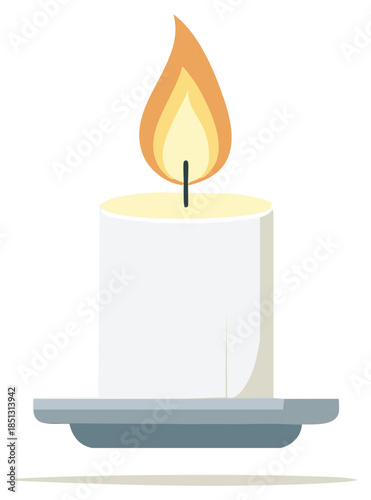 Illuminating white candle with warm flickering flame and shadow casting on light surface