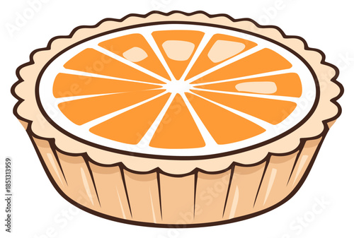Delicious cartoon orange fruit tart or pie sweet dessert illustration with segmented citrus slices and crimped crust